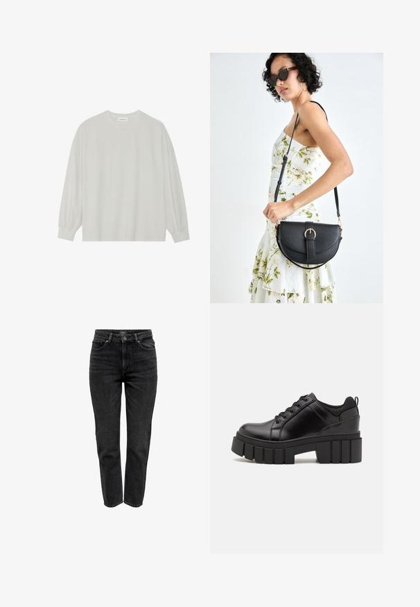 Hele halli pikkade varrukatega T-särk, mis on valmistatud pehmest puuvillast. Omab vaba lõiget, ümmargust kaelust ja õrnalt kogutud varrukaotsi. Muster ja graafika puuduvad.; ONLY Sirgete säärtega teksad - black denim; Must musta platvormsussid paksu plokkninal, ümmarguse varbaga ja traditsioonilise nööridega kinnitamisega. Sussid on sileda tekstuuriga ja minimaalsete detailidega.; Mustmust mustraha kõverate joontega, eemaldatava rihmaga ja kuldsete detailidega. Kotil on klapp, millel on pandladetail.