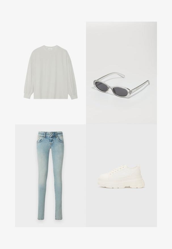 Camiseta de manga larga gris claro hecha de algodón suave. Presenta un corte holgado, cuello redondo y puños ligeramente fruncidos. Sin patrones ni gráficos.; Jeans ajustados de color azul claro que cuentan con un diseño clásico de cinco bolsillos, cierre de botón y una textura de denim desgastado con ligera variación de color.; Zapatilla de lona blanca con suela gruesa, punta redonda y cinco ojales para los cordones. Lengüeta trasera para facilitar el uso. Textura suave, diseño minimalista.; Gafas de sol con forma ovalada, montura de plástico transparente, lentes gris oscuro y patillas delgadas y transparentes con acentos de logotipo y un diseño minimalista.; Bolso tote negro fabricado en cuero liso, con un diseño minimalista que presenta un borde superior curvado y dos asas para el hombro.