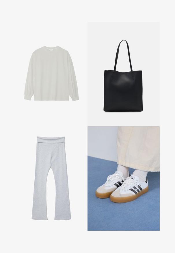 T-shirt a maniche lunghe grigio chiaro realizzato in cotone morbido. Presenta una vestibilità ampia, scollatura rotonda e polsini delicatamente arricciati. Nessun motivo o grafica.; Leggings svasati grigi con una cintura ampia e morbida, realizzati in un tessuto liscio ed elastico. Presentano una forma aderente e una lunghezza alla caviglia.; Sneakers bianche con strisce nere e accenti in suede beige. Presentano una suola in gomma texturizzata e lacci bianchi piatti, indossate con calzini di colore chiaro.; Borsa tote in pelle nera con texture liscia, forma rettangolare e due manici lunghi. Nessun hardware o decorazione visibile.
