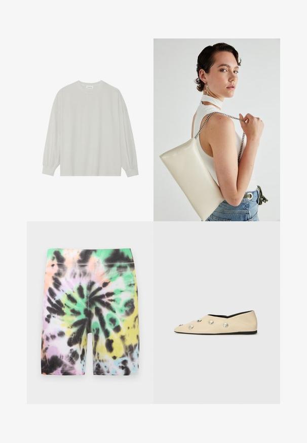 Gaišpelēka garām piedurknēm t-krekls, kas izgatavots no mīkstas kokvilnas. Iezīmē vaļīgu piegriezumu, apaļu kakla izgriezumu un viegli saplacinātas piedurknes. Nav rakstu vai grafikas.; Kreklu šorti ar saistīto rakstu, kas veidots no pasteļtoņiem: zaļas, rozā, melnas un dzeltenas krāsas. Izgatavoti no mīksta, elastīga auduma.; CLOSED Balerīnas laiviņas - ecru; Balts taisnstūra clutch soma, izgatavota no spīdīga materiāla, ar sudraba ķēdes siksnu. Modelis pozē, demonstrējot somu uz vienkārša fona.