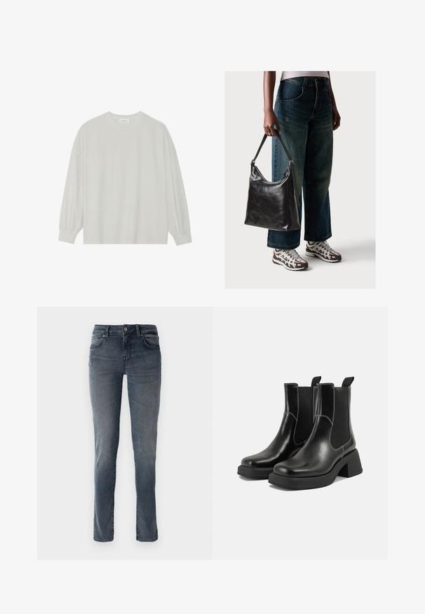 Világosszürke, hosszú ujjú póló, puha pamutból készült. Szabad, laza szabású, kerek nyakkivágással és finoman ráncolt mandzsettával rendelkezik. Nincs rajta minta vagy grafikák.; Sötétkék farmernadrág egyenes szárú fazonnal, öt zsebbel, övtippekkel és elhalványodott mosással. Fém gombbal és cipzárral záródik.; Fekete bőr Chelsea csizmák masszív sarkakkal, rugalmas oldalsó panelekkel és kontrasztos fehér varrással. Texturált felület.; Fekete bőr válltáska sima textúrával és állítható pánttal, melyet elnyűtt, bő szárú farmernadrággal és sportcipőkkel párosítottak.