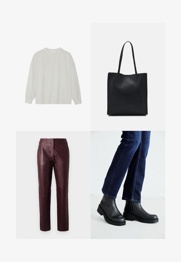 Tricou pe șir cu mâneci lungi, de culoare gri deschis, confecționat din bumbac moale. Are o croială lejeră, decolteu rotund și manșete ușor bufante. Fără modele sau grafica.; Pantaloni din piele bordeaux cu un design ajustat, strălucire subtilă și textură netedă. Au un talie medie și picioare drepte.; Bocanci negri din piele cu tălpi groase și panouri elastice pe laterale, asortați cu blugi de culoare bleumarin. Solul este de culoare deschisă.; Geantă tote neagră din piele, cu textură netedă, formă rectangulară și două mânere lungi. Fără hardware vizibil sau ornamente.
