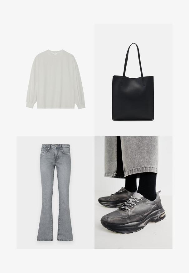 Harmaa pitkähihais t-paita, joka on valmistettu pehmeästä puuvillasta. Ominaisuuksiin kuuluvat rento istuvuus, pyöreä kaula-aukko ja hienosti rypytetyt hihansuut. Ei kuvioita tai grafiikkaa.; Vaaleanharmaat leveälahkeiset farkut, jotka on valmistettu denimmateriasta. Omistaa korkean vyötärön, viisi taskua sekä haalistuneen pesun, jossa on ompeluyksityiskohtia saumoissa.; Musta ja harmaa urheilukengät sisältävät verkkomateriaalista valmistetun päällisen, paksut pohjat ja nauhat. Kenkien kärki on pyöristetty ja niissä on näkyvää pehmustusta.; Mustapahkainen kangaskassi, jossa on sileä pinta, suorakaiteen muotoinen ja kaksi pitkää kahvaa. Ei näkyvää metalliosaa tai koristeita.