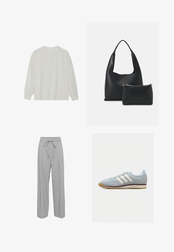 Világosszürke, hosszú ujjú póló, puha pamutból készült. Szabad, laza szabású, kerek nyakkivágással és finoman ráncolt mandzsettával rendelkezik. Nincs rajta minta vagy grafikák.; Szürke lenvászon, széles szárú nadrág magas derékkal, húzózsinórral, elöl plisszírozott részlettel és lágy, textúrálthatású kivitelben.; Világoskék velúr sneaker fehér három csíkkal, gumitalppal és texturált hálós anyaggal. Jellemzője a sima orr-rész és a logó a saroknál.; Even&Odd Kézitáska - black