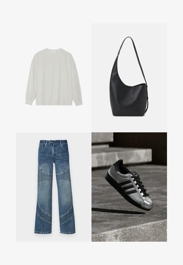 Šviesiai pilkas ilgomis rankovėmis marškinėliai, pagaminti iš minkštos medvilnės. Sukurtas laisvam prigludimui, apvaliu iškirpimu ir švelniai susigūžusiomis rankovėmis. Be raštų ar piešinių.; Aukštai juosmens mėlyni džinsai, plačiomis kojomis, su išlenktų siūlių detalėmis ir šonkauliais apatinėje dalyje. Atsitiktinis stilius.; Sidabrinis sportinis batelis su juoda gumine pado dalimi, juodais batraiščiais ir trimis juodomis juostelėmis. Turi metalinį blizgesį ir klasikinio shell toe dizainą.; Juodas odinis hobo maišas su lygiu paviršiumi, kreipta forma ir viena reguliuojama rankena; turi platų atidarymą viršuje.