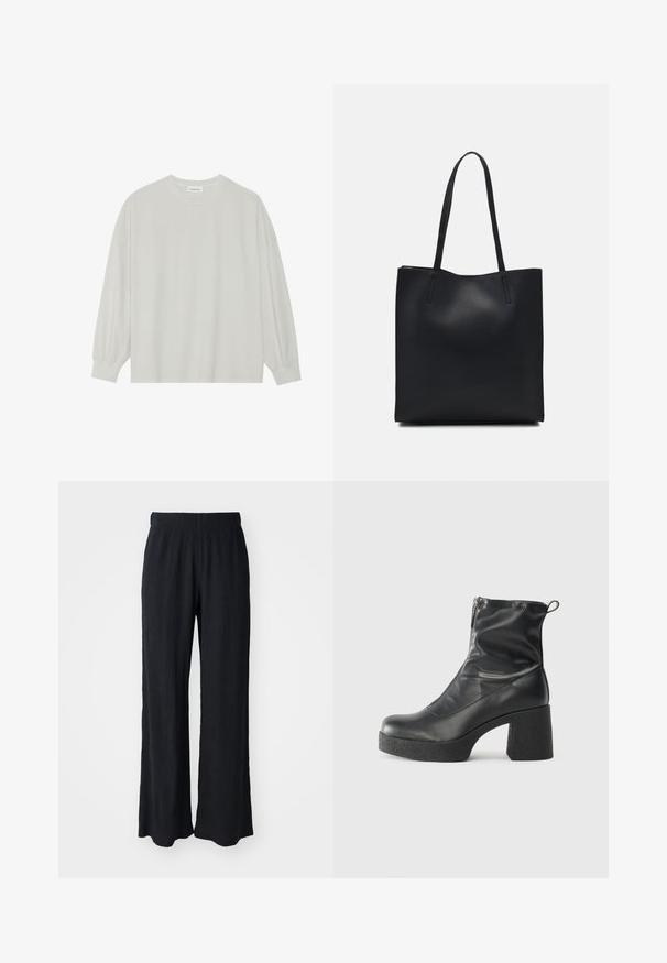 Light gray long-sleeve t-shirt made of soft cotton. Features a loose fit, round neckline, and gently gathered cuffs. No patterns or graphics.; Black, wide-leg pants made of textured fabric with an elastic waistband. Features a relaxed fit and a soft, flowing design.; Black ankle boots made of smooth leather, featuring a side zipper, chunky textured heel, and rounded toe design.; Black leather tote bag with smooth texture, rectangular shape, and two long handles. No visible hardware or embellishments.