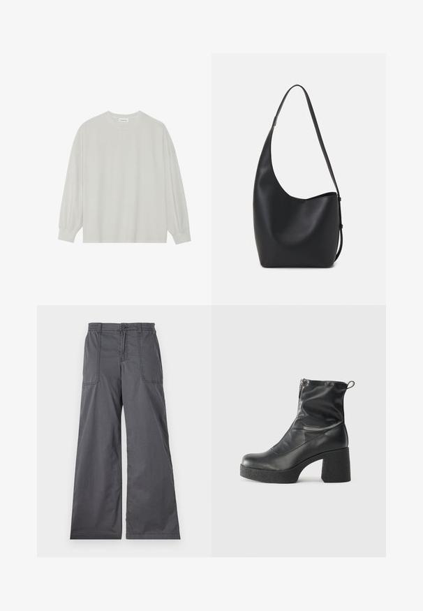 Camisola de manga longa cinza clara, feita de algodão suave. Apresenta um corte solto, decote redondo e punhos ligeiramente franzidos. Sem padrões nem gráficos.; Calças largas cinzentas com uma textura suave, apresentando bolsos frontais, um fecho de botão e detalhes costurados ao longo das costuras.; Botas de tornozelo pretas feitas de couro liso, com fecho lateral, salto grosso texturizado e design de bico arredondado.; Saco hobo preto em pele com uma textura lisa, forma curva e uma única alça ajustável; apresenta uma abertura larga na parte de cima.