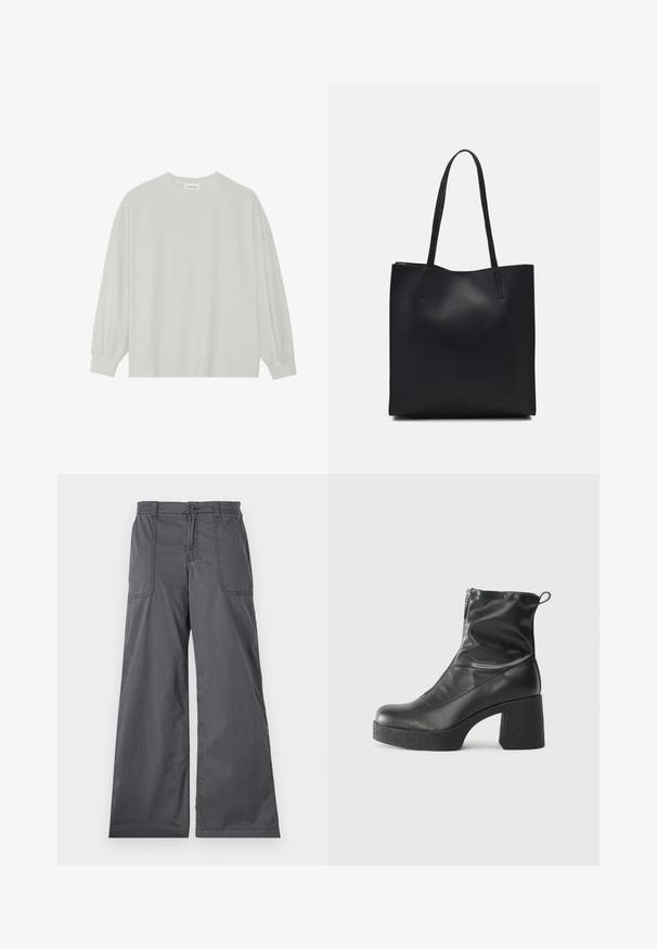 Svetlo siva majica s dugim rukavima izrađena od mekog pamuka. Ima slobodan kroj, okrugli izrez i blago nabrane manžetne. Bez uzoraka ili grafike.; Sive široke hlače z gladko teksturo, ki imajo sprednje žepke, gumbasto zapiranje in šivano obdelavo ob šivih.; Črne gležnjarje iz gladke kože z božnim zadrgo, masivnim teksturiranim peto in zaobljeno obliko prstov.; Črna usnjena torba s svilnato teksturo, pravokotne oblike in dvema dolgima ročajema. Brez vidnih metalnih delov ali okrasnih elementov.