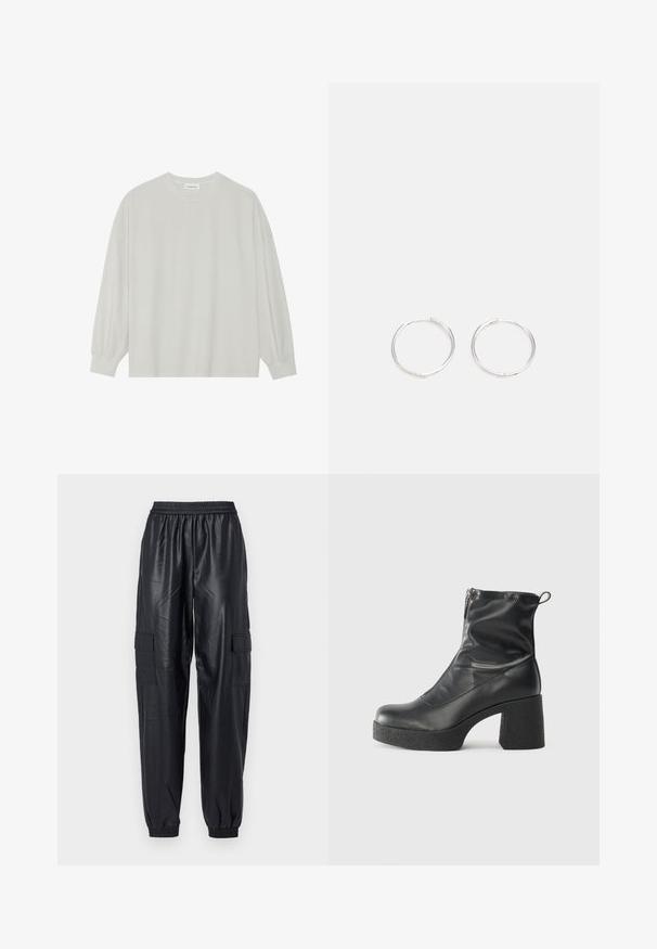 Lys grå langærmet t-shirt lavet af blød bomuld. Har en løs pasform, rund halsudskæring og let indsamlede manchetter. Ingen mønstre eller grafikker.; Sorte cargo-bukser lavet af blankt syntetisk materiale, med elastisk talje, tapered manchetter og to sidelommer.; Sorte ankelstøvler lavet af glat læder, med en sidelukning, kraftig struktureret hæl og rundt tådesign.; Sølv hoop øreringe med et slankt, rundt design, der har en glat overflade og ingen synlige udsmykninger. Diameter ikke specificeret.