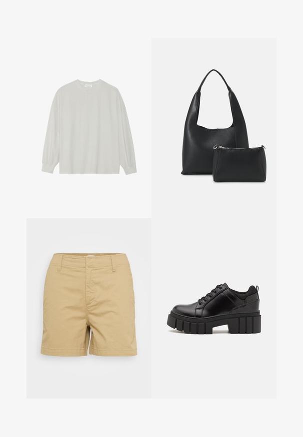 Svetlo siva majica s dugim rukavima izrađena od mekog pamuka. Ima slobodan kroj, okrugli izrez i blago nabrane manžetne. Bez uzoraka ili grafike.; Bokserice iz bombaža v peščeni barvi z oblikovano zasnovo, ki vsebuje sprednje žepke in zanke za pas, gladko teksturo ter ravno spodnjo stran.; Črne usnjene platforme z debelim blokastim petam, okroglo konico in klasičnim vezanjem. Imajo gladko teksturo in minimalne podrobnosti.; Even&Odd Torbica - black