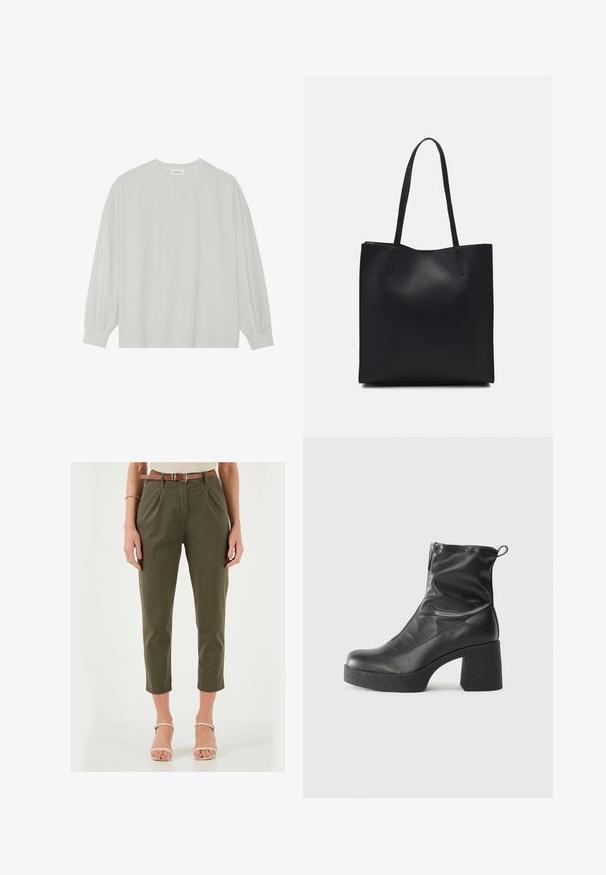 Lys grå langærmet t-shirt lavet af blød bomuld. Har en løs pasform, rund halsudskæring og let indsamlede manchetter. Ingen mønstre eller grafikker.; Olivengrønne skræddersyede bukser med plisseringer, cropped længde og et brunt bælte. Materialet ser glat ud; har sidelommer og en tætsiddende talje.; Sorte ankelstøvler lavet af glat læder, med en sidelukning, kraftig struktureret hæl og rundt tådesign.; Sort læder tote taske med glat tekstur, rektangulær form og to lange hanke. Ingen synlig hardware eller udsmykninger.