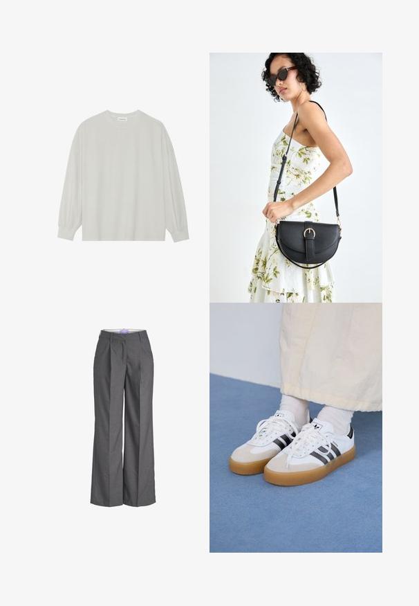Lys grå langermet t-skjorte laget av myk bomull. Har en løs passform, rund hals og forsiktig samlet mansjetter. Ingen mønstre eller grafikk.; Grå vide bukser laget av et strukturert stoff, med flat front og detaljert legg, samt standard midje, ideelle for formelle anledninger.; Hvite sneakers med svarte striper og beige semsket skinn-detaljer. Har en teksturert gummisåle og flate hvite snører, brukt med lyse sokker.; Svart lærveske med en buet form, avtagbar stropp og gullbeslag. Vesken har et klaff med spenne-detall.
