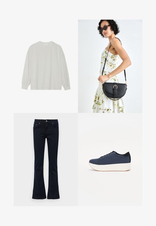 Lichtgrijze langarm t-shirt van zacht katoen. Heeft een losse pasvorm, ronde halslijn en zachtGathered manchetten. Geen patronen of graphics.; Tijdloze flared jeans van donker denim met een gladde textuur. Voorzien van voorzakken, een knoopsluiting en gestikte zoomdetails.; Marineblauwe sneaker met een textuurstof bovenwerk, witte platformzool, ronde neus en zwart hakaccent. Voorzien van zes gaatjes voor veters.; Zwarte leren handtas met een gebogen vorm, afneembare schouderband en gouden hardware. De tas heeft een klep met een gespsluiting.