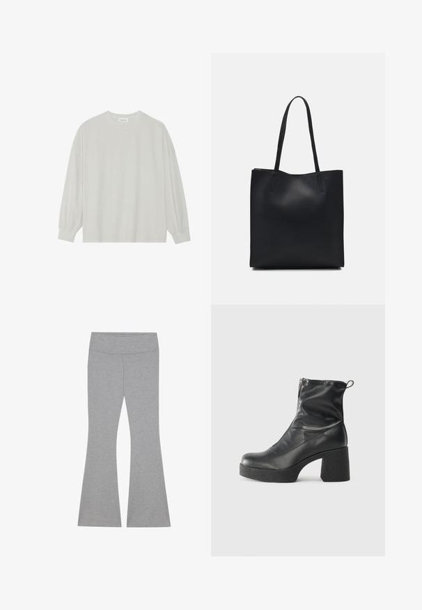 Light gray long-sleeve t-shirt made of soft cotton. Features a loose fit, round neckline, and gently gathered cuffs. No patterns or graphics.; Gray flared leggings made of soft, stretchy fabric. Features a smooth waistband and a fitted thigh that flares at the hem.; Black ankle boots made of smooth leather, featuring a side zipper, chunky textured heel, and rounded toe design.; Black leather tote bag with smooth texture, rectangular shape, and two long handles. No visible hardware or embellishments.
