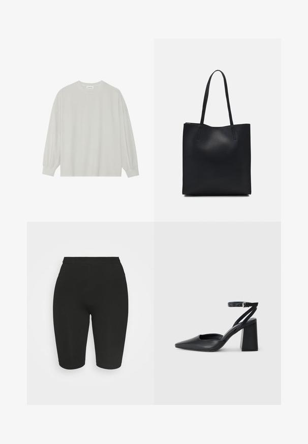 Világosszürke, hosszú ujjú póló, puha pamutból készült. Szabad, laza szabású, kerek nyakkivágással és finoman ráncolt mandzsettával rendelkezik. Nincs rajta minta vagy grafikák.; Fekete biciklis short, testhez simuló fazonnal, elasztikus derékpánttal és sima textúrával. Hossza a térd felett végződik. Nincsenek látható minták vagy díszítések.; Fekete bőr, hegyes orrú magassarkú cipő boka pánttal és vastag sarokkal. Sima textúra, elegáns dizájn és minimális esztétika.; Fekete bőrtáska sima felszínnel, téglalap alakú, két hosszú füllel. Nincs látható fémkiegészítő vagy díszítés.