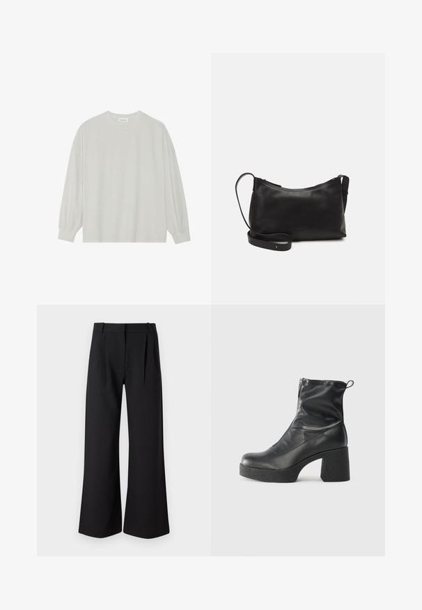 Tricou pe șir cu mâneci lungi, de culoare gri deschis, confecționat din bumbac moale. Are o croială lejeră, decolteu rotund și manșete ușor bufante. Fără modele sau grafica.; Pantaloni negri cu croi larg, cu o textură netedă, având pliuri în față și o talie dreaptă, potriviți pentru ținute formale sau casual.; Bocanci negri de glezna din piele netedă, cu fermoar lateral, toc texturat și masiv, și design cu vârf rotund.; Geantă de umăr din piele neagră, cu o textură netedă, formă curbată, curea ajustabilă și închidere cu fermoar. Design minimalist, fără embellishments.