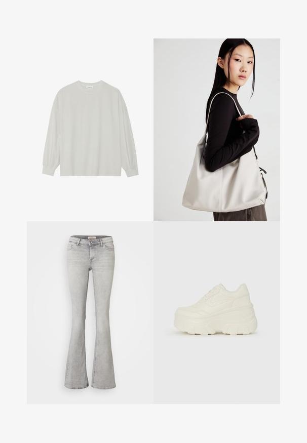 Light gray long-sleeve t-shirt made of soft cotton. Features a loose fit, round neckline, and gently gathered cuffs. No patterns or graphics.; Flared gray denim jeans with a fitted waist, five-pocket design, and slight fading. Feature a button closure and stitched hem.; White platform sneakers featuring a smooth leather-like upper, rounded shape, padded collar, and textured rubber sole with defined treads.; Beige handbag made of soft material, featuring a slouchy design, stitched detailing, and two shoulder straps. Suitable for everyday use.