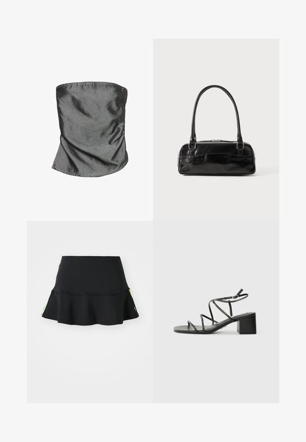 Guler gri, elastic, fabricat dintr-un material neted. Are un design fără cusături, cu o strălucire ușoară și o formă cilindrică pentru versatilitate.; adidas Originals SKIRT - Fustă mini - black; Sandale negre cu bretele cu vârf pătrat și toc gros, realizate dintr-un material neted. Dispun de curele reglabile la gleznă și hardware minim.; Geantă de mână din piele neagră, cu o formă rectangulară, având un singur maner structurat, accesorii din argint și închidere cu fermoar. Textură netedă.