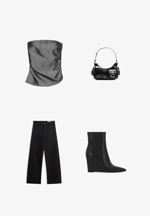 Scaldino grigio estensibile realizzato in tessuto morbido. Presenta un design senza cuciture con una leggera lucentezza e una forma cilindrica per una maggiore versatilità.; Pantaloni in denim neri a gamba larga con vita alta, dotati di tasche anteriori e posteriori, cuciture a punto, e chiusura con bottone. Texture liscia.; Stivale ankle a zeppa nera realizzato in pelle texturizzata; presenta una punta affusolata e un design liscio e sinuoso con una silhouette sagomata.; Borsa a spalla in vernice nera con forma curvata, una tracolla, tasche frontali e dettagli in metallo argentato.
