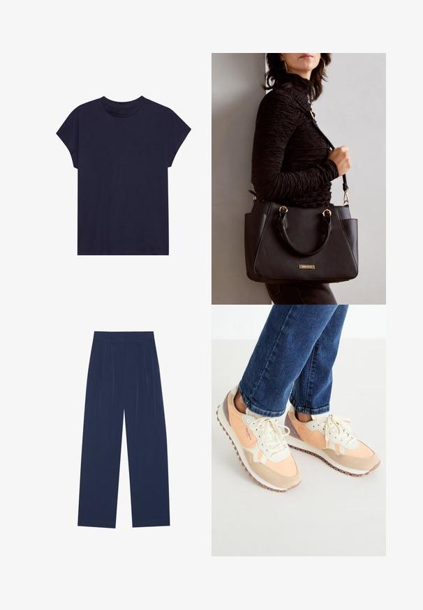 Tumesinine puuvillane T-särk ümmarguse kaelusega ja lühikeste varrukatega, millel on lõdva istuvus ja sile tekstuur. Ilma mustrite või aktsentideta.; Tumedat sinised laiad püksid pehmest kangast, millel on esipleekid, sile pind ja sirge lõige, ilma nähtavate taskuteta.; Kerged jalatsid virsiku ja koorevärvis, suede ja võrgumaterjaliga, paelaga kinnitamine ja kummist tald, millel on haardevõime.; Musthave must kott, millel on tekstuurne pind, kaks ülemist käepidet ja reguleeritav õlarihm. Omab kuldse tooni riistu ja külgtaskuid.