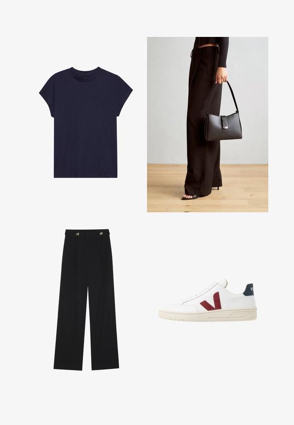 T-shirt in cotone blu navy con scollo rotondo e maniche corte, caratterizzato da una vestibilità comoda e una texture liscia. Nessun motivo o dettaglio decorativo.; Pantaloni neri a gamba larga con vita alta, dettagli con bottoni in vita e pieghe frontali.; Sneaker in pelle bianca con logo 'V' bordeaux, suola in gomma testurizzata e accentuazione blu navale sul tallone; presenta un classico design con lacci.; Borsa nera con forma strutturata, texture liscia e una chiusura metallica. Abbinata a pantaloni neri larghi e sandali open-toe su un pavimento in legno.
