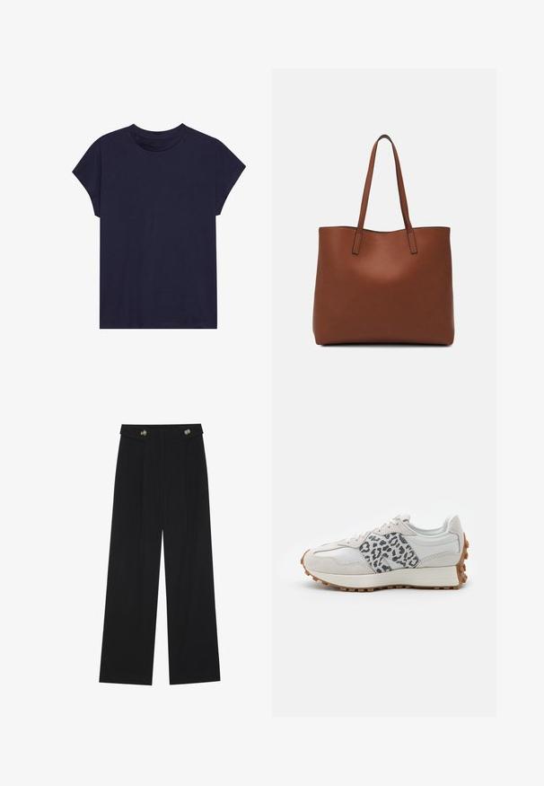 Dunkelblaue Baumwoll-T-Shirt mit rundem Ausschnitt und kurzen Ärmeln, das einen lockeren Schnitt und eine glatte Textur bietet. Keine Muster oder Akzente.; Schwarze weite Hosen mit hoher Taille, Knopfdetails am Bund und vorderen Falten.; Weiße Sneaker mit grauen Leopardenprint-Akzenten, Materialien aus Wildleder und Leder, strukturierte Sohle mit einer Gummilaufsohle, runde Zehenform und Schnürdesign.; Braune Leder-Tote mit glatter Textur, offenem Oberteil und zwei Schulterriemen. Verfügt über minimale Nähte und keine sichtbaren Beschläge.