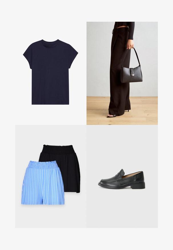 Námořnická modrá bavlněná tričko s kulatým výstřihem a krátkými rukávy, nabízející uvolněný střih a hladkou texturu. Bez vzorů nebo akcentů.; Dva páry elastických kraťasů: jedny světle modré s bílými vertikálními pruhy, druhé jednobarevné černé. Oba jsou vyrobeny z měkké látky.; Černý kožený mokasín s nízkým podpatkem, který má prošívaný design a styl obouvání bez zpevnění, umístěný na jednobarevném bílém pozadí.; Černá kabelka se strukturovaným tvarem, hladkým povrchem a kovovým uzávěrem. Kombinována s širokými černými kalhotami a sandály s otevřenou špičkou na dřevěné podlaze.