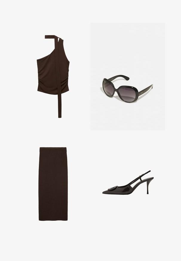 Rjav top z enim ramenom, izdelan iz mehke tkanine, z drapirano zasnovo, stranskim ruchingom in dolgotrgo iz ramena.; Rjava pletena midi krila z oprijetim krojem, gladko teksturo, brez vidnih vzorcev in preprostim, čistim dizajnom brez okrasnih elementov.; Črne lakirane slingback čevlje s koničastim prstom, minimalističnim dizajnom, majhnim okroglim detajlom na vampu in ozkim petam.; Črne sončna očala z over-sized, zaobljenimi okvirji. Leče prehajajo od temne do svetle. Imajo eleganten, sijoč zaključek in diskretne logotipne poudarke na templjih.; Črna semiš torbica z gladko teksturo, strukturirano obliko in kontrastnim šivanjem. Ima dolge naramnice za nošenje na rami.