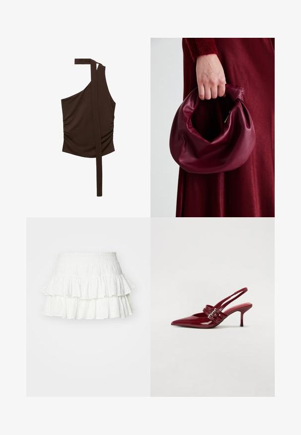 Hnedý top na jedno rameno z mäkkého materiálu, s drapériou, bočným riasením a dlhým popruhom, ktorý sa tiahne od ramena.; Biela, vrstvená mini sukňa s textúrovanou tkaninou a elastickým pásom. Obsahuje tri riasené vrstvy s jemným očkovaním.; Červené lakované kožené sandále na podpätku s jemne špičatou špičkou, dvoma prackovými remienkami a štíhlym, stredne vysokým ihlovým podpätkom. Hladký povrch.; Burgundská kožená kabelka s mäkkým, zhromaždeným dizajnom a zaobleným tvarom. Rukoväť je pevne zaisťujúca a vystavuje hladkú textúru.