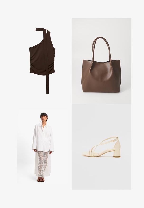 Brown, one-shoulder top made of soft fabric, featuring a draped design, side ruching, and a long strap extending from the shoulder.; White button-up shirt with long sleeves, paired with sheer white lace trousers featuring a floral pattern and a long back drape. Black sandals.; Beige heeled sandals with a block heel, strappy design, and adjustable ankle strap, made of smooth synthetic material with a matte finish.; Brown leather tote bag with two long handles, structured shape, smooth texture, and minimalistic design. No visible hardware or accents.