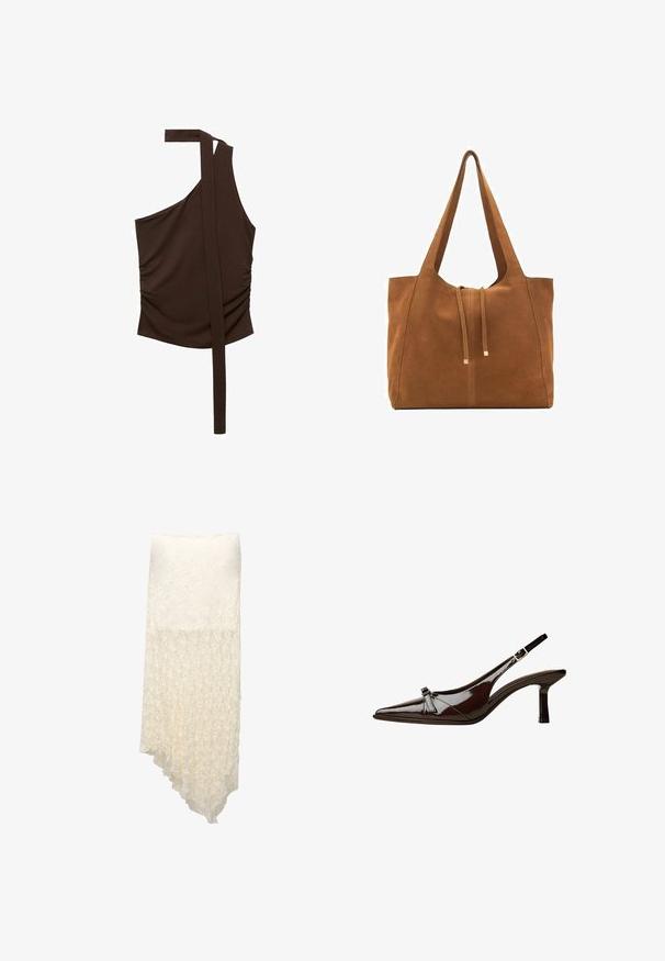 Haut marron à une épaule, en tissu doux, avec un design drapé, des fronces sur le côté et une longue sangle descendant de l'épaule.; Jupe enveloppante blanche texturée avec un ourlet asymétrique, présentant un motif froissé qui passe progressivement du solide au semi-transparent.; Chaussure slingback en cuir verni marron avec un bout pointu, un petit talon et un accent de nœud décoratif à l'avant. Texture lisse et brillante.; Sac fourre-tout en suede marron avec deux longues poignées, fermeture à cordon, et design minimaliste. Texture lisse et sans accents matériels visibles.