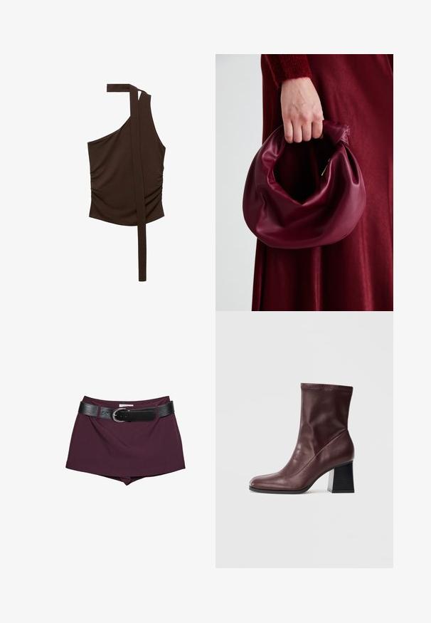 Braunes, einseitiges Oberteil aus weichem Stoff, mit drapiertem Design, seitlichem Raffung und einem langen Träger, der von der Schulter abläuft.; Bordeauxfarbene Shorts mit einem schwarzen Ledergürtel. Das Design zeichnet sich durch eine glatte Textur und eine taillierte Form aus, mit einem breiten, schnallengesicherten Gürtel.; Burgunderfarbene Leder-Stiefelette mit quadrater Zehenpartie und geripptem Knöchelbund, ausgestattet mit einem kräftigen schwarzen Blockabsatz mit horizontalen Rillen.; Burgunderleder-Handtasche mit einem weichen, gerafften Design und einer gerundeten Form. Der Griff ist gesichert und zeigt eine glatte Textur.