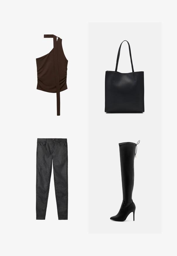 Braunes, einseitiges Oberteil aus weichem Stoff, mit drapiertem Design, seitlichem Raffung und einem langen Träger, der von der Schulter abläuft.; Schwarze skinny Jeans aus einem Baumwollmix, mit klassischem Fünf-Taschen-Design, Reißverschluss und knöpfen aus Metall.; Schwarze Overknee-Stiefel aus glattem, synthetischem Material, mit spitzem Zehen, hohen Stiletto-Absätzen und verstellbaren Bindebändern am oberen Ende.; Schwarze Laptoptasche aus Leder mit glatter Textur, rechteckiger Form und zwei langen Griffen. Keine sichtbaren Beschläge oder Verzierungen.