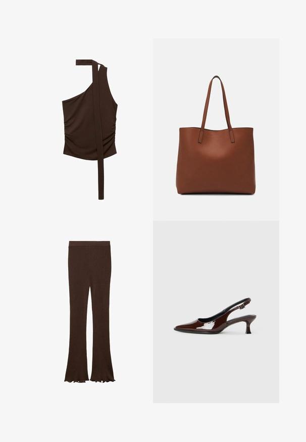 Rjav top z enim ramenom, izdelan iz mehke tkanine, z drapirano zasnovo, stranskim ruchingom in dolgotrgo iz ramena.; Rjave rebraste leggings z razširjenimi konicami, raztegnjena pletenina, širok pas in gladka tekstura. Primerni za vsakodnevno nošenje.; Rjavi lakirani slingback čevelj z ostro konico in zmerno peto. Ima zaponko za varno prileganje. Gladka tekstura.; Rjava usnjena torba z gladko teksturo, odprto zasnovo zgoraj in dvema naramnima trakovoma. Opremljena je z minimalnim šivanjem in brez vidnih kovinskih delov.