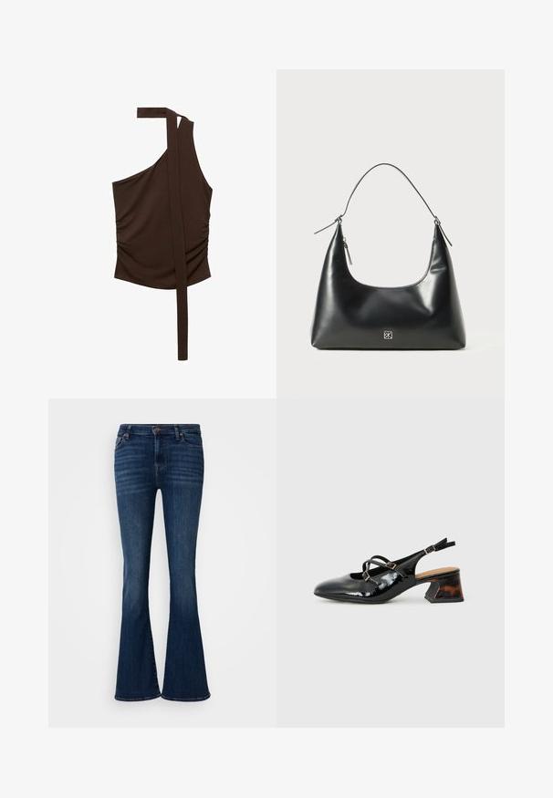 Top brown, cu un umăr, confecționat dintr-un material moale, având un design drapat, cu gathered pe lateral și o curea lungă care se extinde de la umăr.; Blugi evazați de culoare albastru închis, confecționați din denim, cu un design clasic cu cinci buzunare și închidere prin buton frontal. Textură netedă și croi adaptat.; Pantofi slingback din piele patentă neagră, cu curele încrucișate, vârf rotund și toc sculptat de înălțime redusă, cu un model brun și negru.; Geantă de umăr din piele neagră netedă, cu un vârf curbat, bretea unică, închidere cu fermoar și mică emblema argintie pe centrul din față.