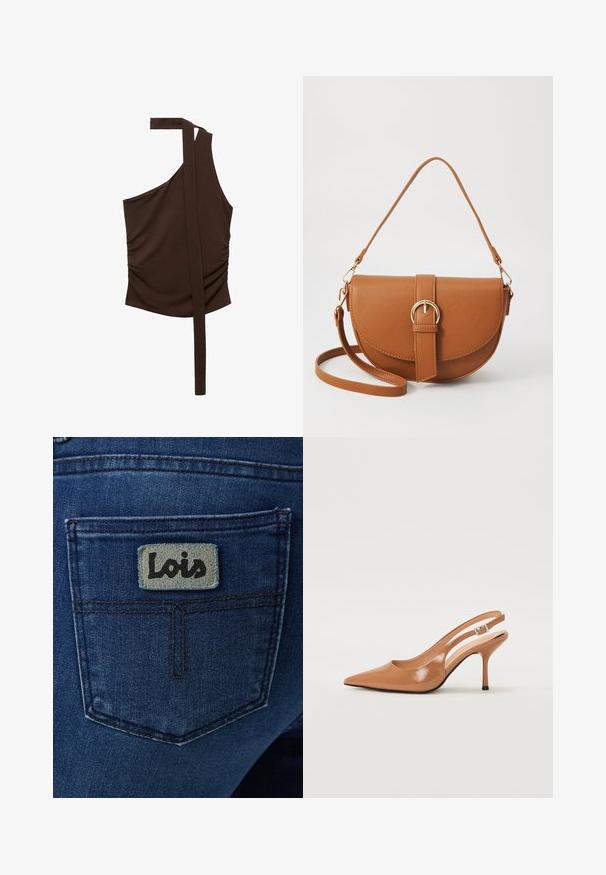 Hnědý top na jedno rameno vyrobený z měkké tkaniny, se skládáním, bočním nařasením a dlouhým popruhem vyčnívajícím z ramene.; Tmavě modré džínové kalhoty s zadní kapsou, na které je čtvercová světle modrá etiketa s nápisem "Lois" černým kurzívním písmem.; Sandy poprsko s úzkým podpatkem v hladkém, lesklém odstínu tan. Obsahuje zakřivený design s výřezem a štíhlý jehlový podpatek. Detail se stříbrnou sponou.; Hnědá kožená křížová taška s zakřiveným tvarem, zlatými detaily a akcentem s přezkou. Obsahuje odnímatelný popruh na rameno.