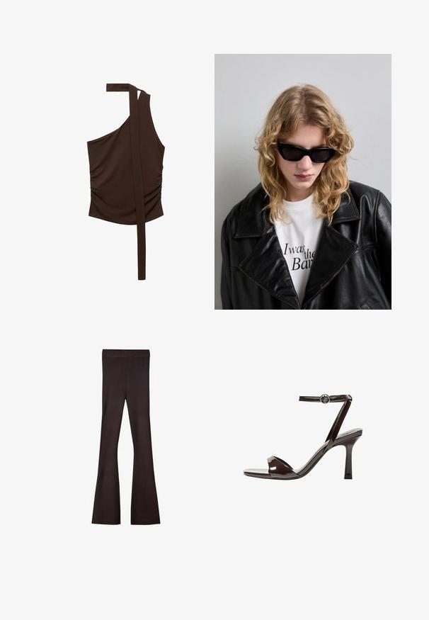 Rjav top z enim ramenom, izdelan iz mehke tkanine, z drapirano zasnovo, stranskim ruchingom in dolgotrgo iz ramena.; Bershka Hlače - dark brown; Rjave visokosprti sandali iz pateniranega usnja z zaponko okoli gležnja, odprto konico in eleganten, minimalističen dizajn. Imajo kvadratno peto.; Črne sončna očala s spremenljivo, kotno obliko. Model nosi črno usnjeno jakno preko bele majice s tiskanimi besedami, na nevtralni podlagi.