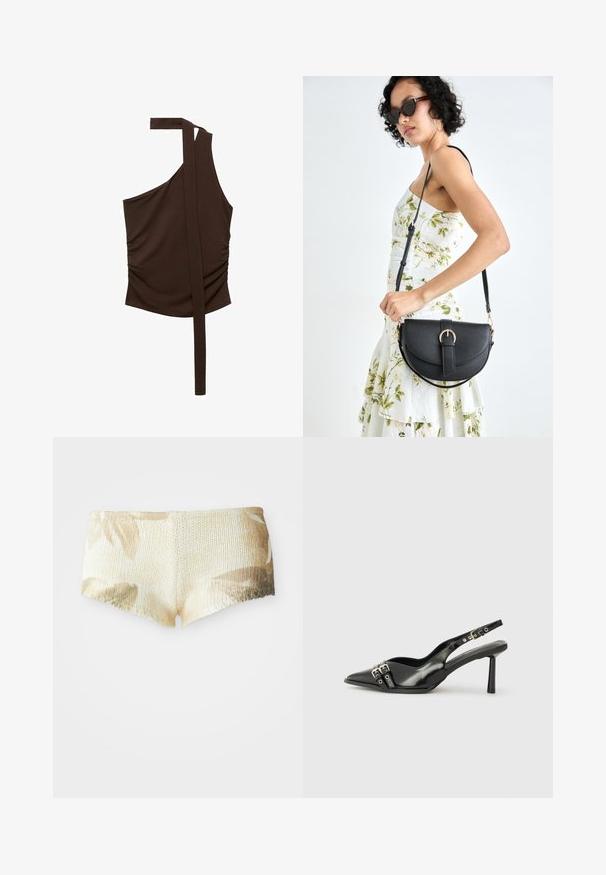 Top marrone a spalla unica realizzato in tessuto morbido, caratterizzato da un design drappeggiato, arricciature laterali e una lunga tracolla che si estende dalla spalla.; Pantaloni shorts lavorati a maglia in beige chiaro con un motivo floreale. Presenta una superficie testurizzata e un orlo ondulato. Tessuto morbido e leggero.; Scarpa slingback in vernice nera con punta affusolata, cinturini alla caviglia con fibbie in argento e accessori, e tacco sottile.; Borsa a tracolla nera in pelle con una forma curva, manico rimovibile e accessori dorati. La borsa presenta una patta con un dettaglio a fibbia.