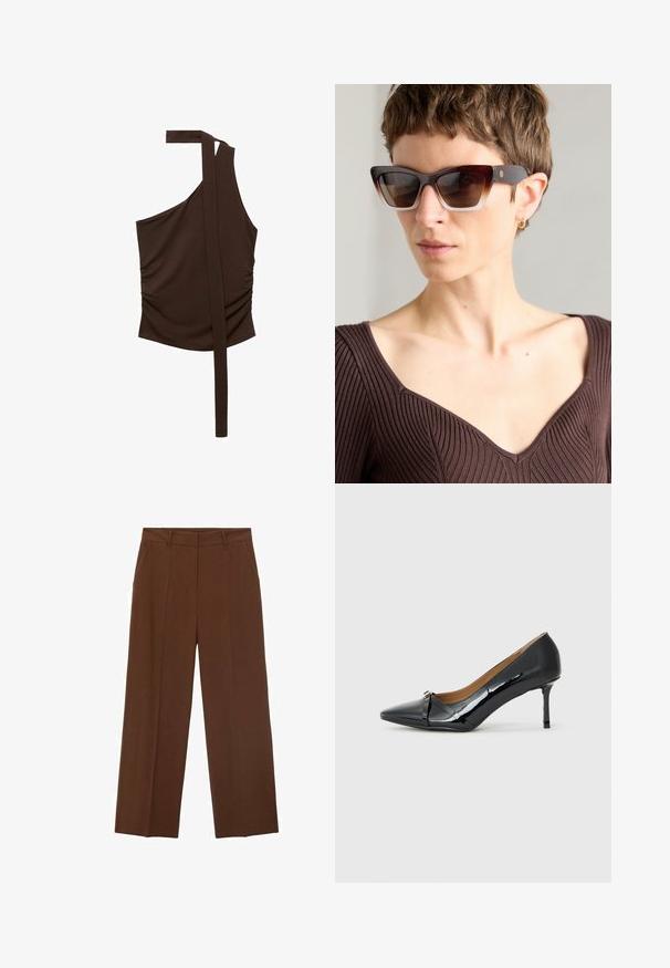 Brown, one-shoulder top made of soft fabric, featuring a draped design, side ruching, and a long strap extending from the shoulder.; Brown wide-leg trousers made of smooth fabric with a high waist, featuring front pockets and a neat crease down the front.; Black patent leather high-heeled shoe with a pointed toe, decorative strap detail at the front, and a thin stiletto heel.; Brown cat-eye sunglasses with gradient lenses, a thick tortoiseshell frame, and contrasting dark arms featuring a subtle logo detail.; Black leather tote bag with smooth texture, structured shape, two handles, and a prominent silver buckle detail on the front.