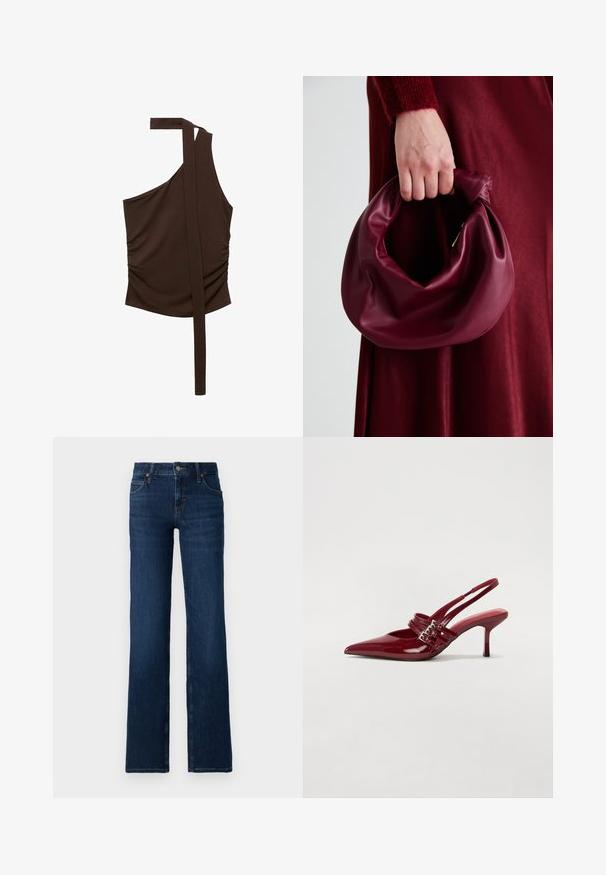 Top brown, cu un umăr, confecționat dintr-un material moale, având un design drapat, cu gathered pe lateral și o curea lungă care se extinde de la umăr.; Blugi evazați de culoare albastru închis, confecționați din denim. Caracteristici: talie cusută, cinci buzunare și fermoar cu închidere printr-un nasture metalic.; Pantofi cu toc slingback din piele roșie lacuită, cu vârf ascutit, două curele cu cataramă și un toc subțire, de înălțime medie. Textură netedă.; Geantă de mână din piele burgundă, cu un design moale și pliat și o formă rotundă. Mânerele sunt securizate, evidențiind o textură netedă.