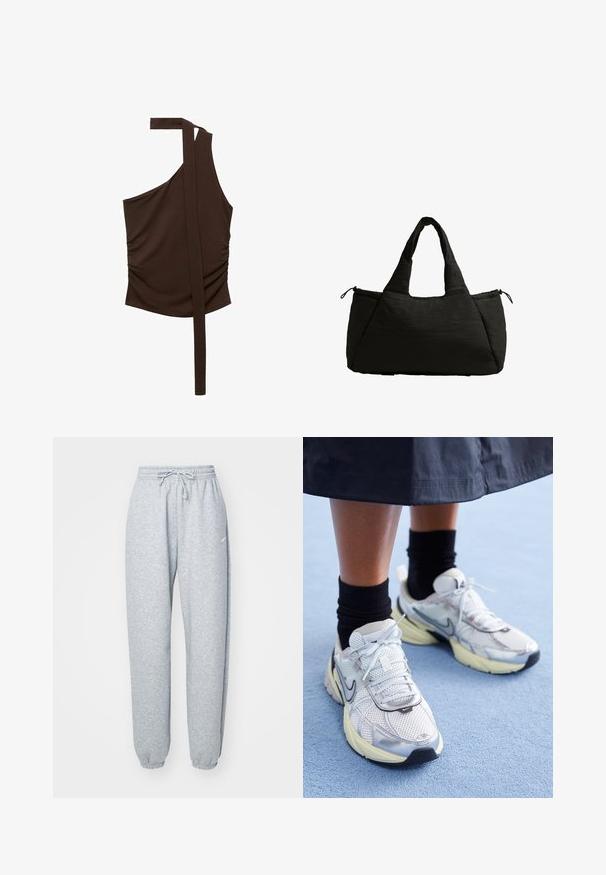 Rjav top z enim ramenom, izdelan iz mehke tkanine, z drapirano zasnovo, stranskim ruchingom in dolgotrgo iz ramena.; Svetlosivi trenirke iz mehke mešanice bombaža, ki imajo elastičen pas z vrvico, zožene hlačnice in rebraste manšete. Minimalne blagovne znamke.; Bele in srebrne Nike teniske z mrežasto tkanino, refleksnimi poudarki in bež podplatom. Nosi se z črnimi nogavicami, stoji na modri površini.; Črna torba za rame z mehkobo teksturo, z dvema kratkima ročajema in stranskim žepom, ki je zavarovan z vrvico. Preprost, angularen dizajn.
