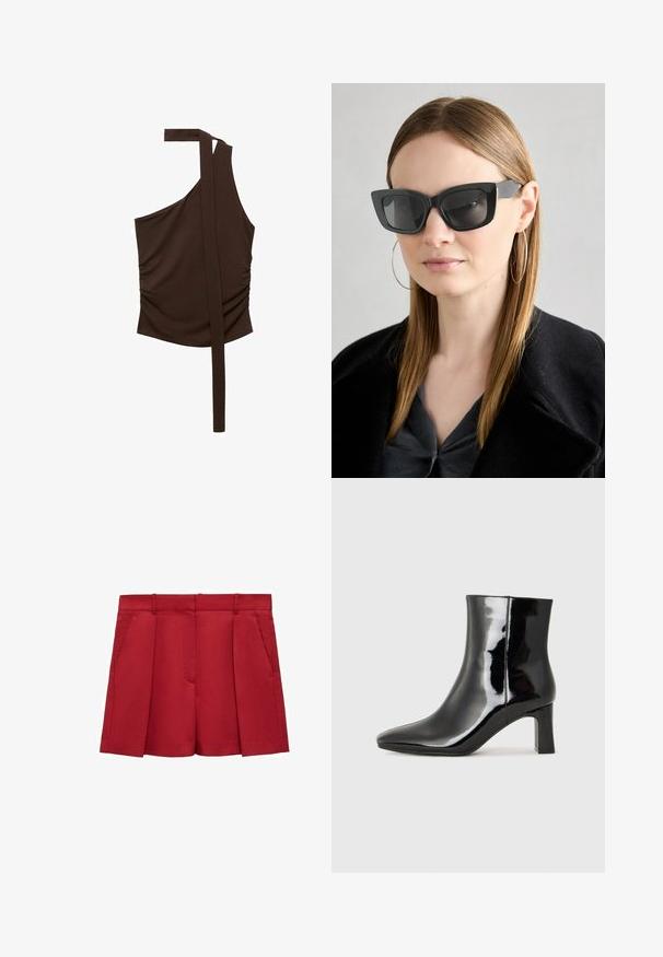 Brown, one-shoulder top made of soft fabric, featuring a draped design, side ruching, and a long strap extending from the shoulder.; Red tailored shorts made of lightweight fabric, featuring a flat front, two side pockets, and a crisp finish with pleats.; Black patent leather ankle boot with a pointed toe and a mid-height block heel. Smooth texture and minimalist design.; Black cat-eye sunglasses with dark lenses, thick frames, and subtle accents. Worn with a black coat and gray top, featuring long straight hair.
