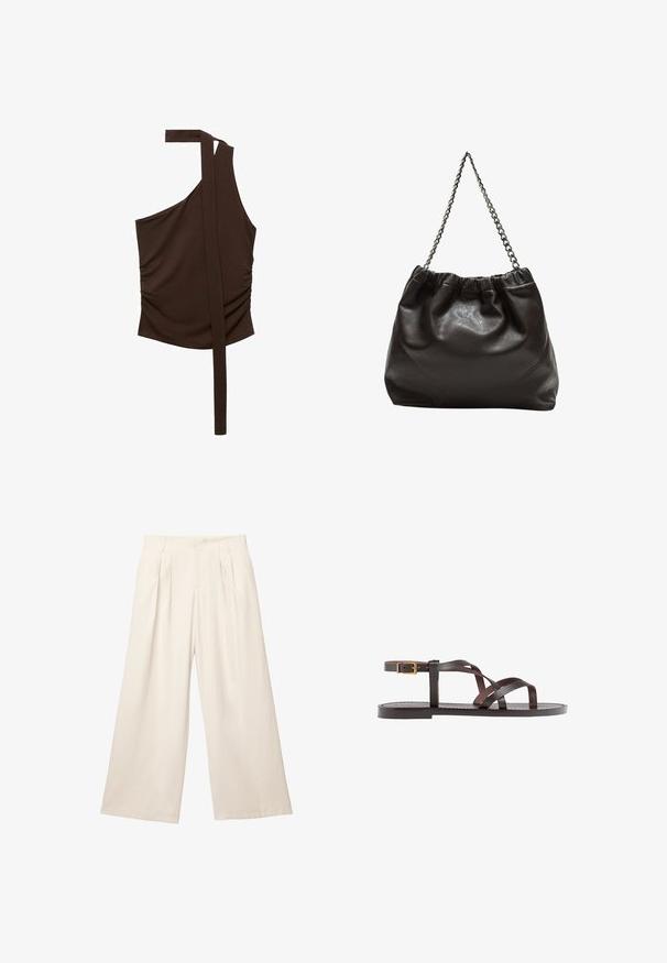 Hnědý top na jedno rameno vyrobený z měkké tkaniny, se skládáním, bočním nařasením a dlouhým popruhem vyčnívajícím z ramene.; Kalhoty s širokými nohavicemi v světlé béžové barvě s jemnou, strukturovanou tkaninou. Disponují předními sklady a elastickým pasem pro pohodlné nošení.; Hnědé kožené sandály s kříženými pásky, uzavřením na přezku u kotníku a plochou podrážkou s minimem švů.; Hnědá kožená taška se sbíraným vrškem a řetízkovým popruhem. Hladký povrch s lesklým finišem a jemným švem na bocích.