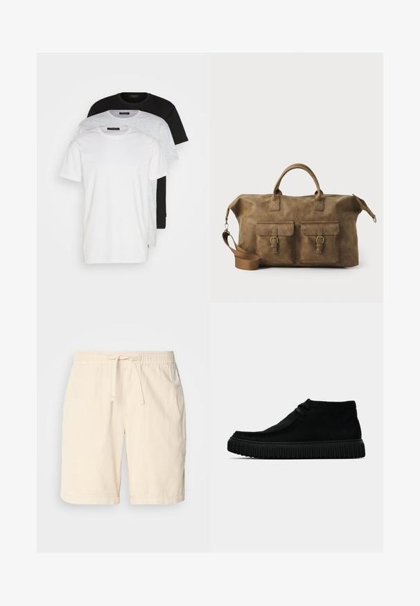 Tre crew neck t-skjorter i hvit, lys grå og svart. Laget av myk bomull, med korte ermer og en avslappet passform.; Beige bomullsshorts med elastisk midjebånd og justerbar snor, med sidelommer og en avslappet passform.; Sorte ankelstøvler laget av mykt materiale, med avrundet tå, minimal snøring, og en teksturert gummisåle med vertikale spor.; Brun lær duffelbag med to frontlommer, justerbar skulderrem, gullfarget maskinvare og robuste topphåndtak. Glatt tekstur.