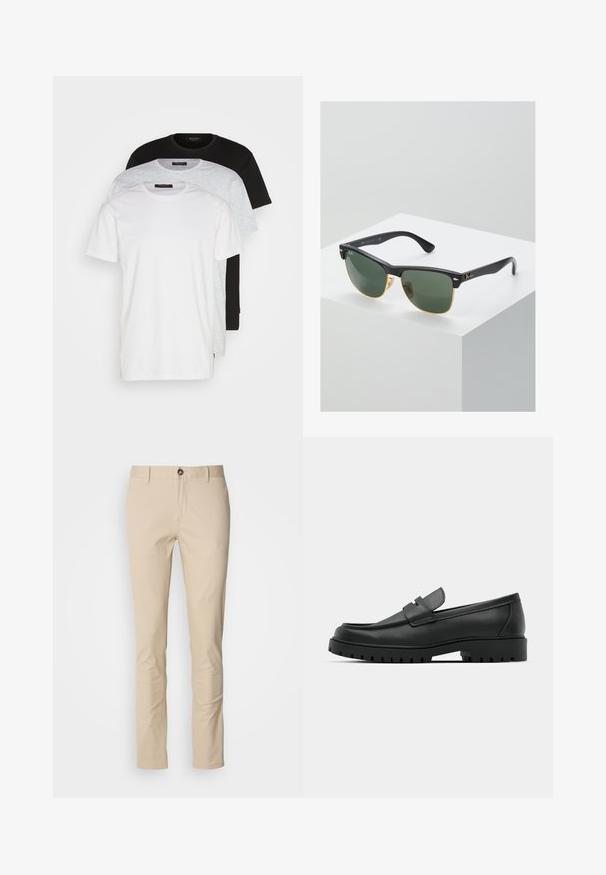 Trois t-shirts à col rond en blanc, gris clair et noir. Fabriqués en coton doux, avec des manches courtes et une coupe décontractée.; Pantalon en coton beige avec une coupe slim, doté d'une fermeture à bouton, d'une texture subtile et de poches standard. Design uni, sans motifs ni accents.; Mocassins en cuir noir à bout arrondi, avec un design cousu, une semelle plateforme basse et une semelle en caoutchouc texturée et crantée.; Lunettes de soleil Ray-Ban avec des verres verts, monture en plastique noir et accents dorés sur les bords. Forme carrée avec une finition mate.