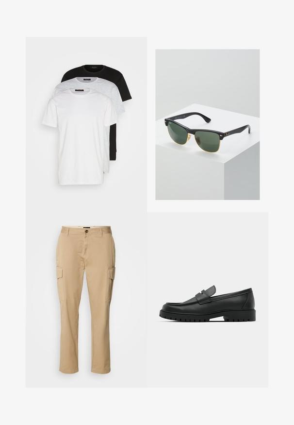 Tre crew neck t-skjorter i hvit, lys grå og svart. Laget av myk bomull, med korte ermer og en avslappet passform.; Beige cargo bukser laget av bomull. Har to sidelommer, knapplukking og rett ben-design. Jevn tekstur, avslappet stil.; Sorte lærloafere med rund tå, med en syddesign, lav plattformsåle og en teksturert, ruggede gummisåle.; Ray-Ban solbriller med grønne linser, svarte plastikkrammer og gullkanter. Firkantet form med matt finish.