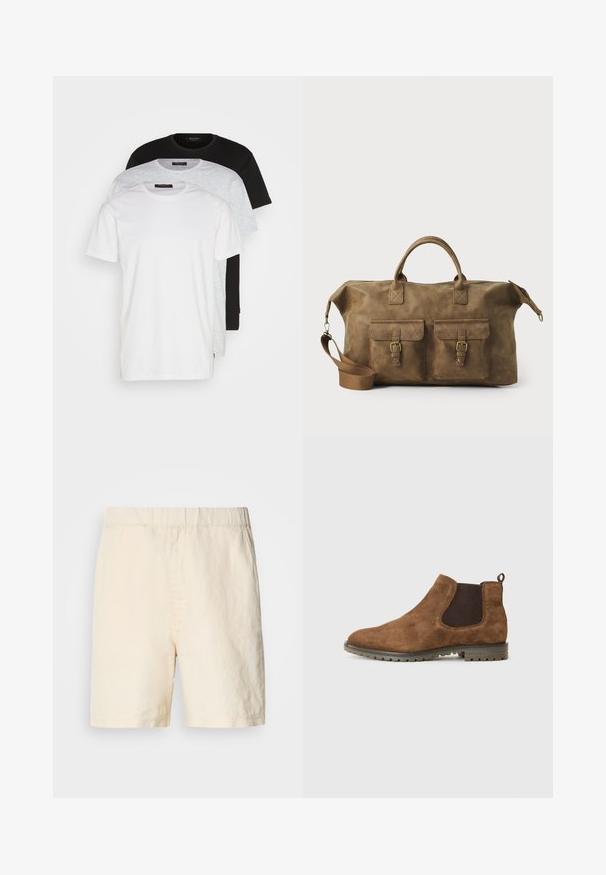Trīs apļa kakla T-krekli balts, gaiši pelēks un melns. Izgatavoti no mīksta kokvilnas, ar īsām piedurknēm un brīvu piegriezumu.; Gaiši bež šorti, kas izgatavoti no elpojoša auduma. Ir elastīga josta un brīva piegriezuma. Vienkāršs dizains bez rakstiem vai piederumiem.; Brūni zamšādas Čelsijas zābaki ar elastīgām sānu paneļiem, vilkšanas cilpu un teksturētu gumijas zoli ar ierokumiem saķerei.; Brūns ādas ceļojumu soma ar diviem priekšējiem kabatām, regulējamu plecu siksnu, zelta detaļām un stingrām augšējām rokturiem. Gluda tekstūra.