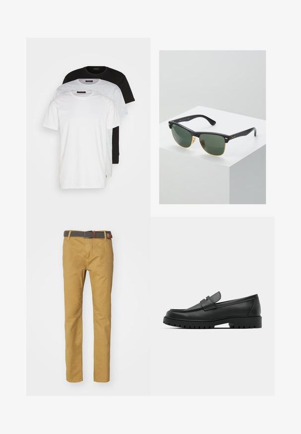 Drei Rundhals-T-Shirts in Weiß, Hellgrau und Schwarz. Hergestellt aus weicher Baumwolle, mit kurzen Ärmeln und einem lässigen Schnitt.; Khaki Chinos mit slim Fit, aus Baumwollmaterial, mit einem strukturierten grauen und schwarzen gewebten Gürtel mit braunen Lederakzenten.; Schwarze Lederloafer mit runder Zehenform, ausgestattet mit einem gesteppten Design, niedrigem Plattformsohle und einer strukturierten, genoppten Gummisohle.; Ray-Ban Sonnenbrillen mit grünen Gläsern, schwarzen Kunststoffrahmen und goldenen Akzenten an den Rändern. Quadratische Form mit matter Oberfläche.