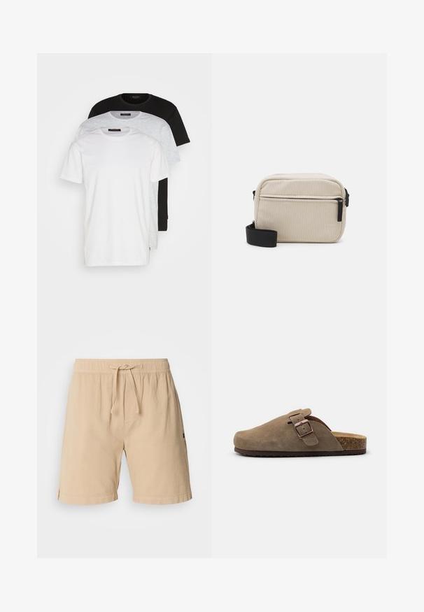 Tre crew neck t-skjorter i hvit, lys grå og svart. Laget av myk bomull, med korte ermer og en avslappet passform.; Beige shorts laget av bomull med elastisk midjebånd, snøring, sidelommer og sydd hem detaljer.; Brune semsket treklamp med rund tå, justerbar stropp og korksåle. Yttersålen er mørk med et strukturert design for grep.; Kremfarget kordfløyels crossover-veske med svart glidelås, avtakbar stropp og teksturert mønster. Har ett hovedrom og en frontlomme.