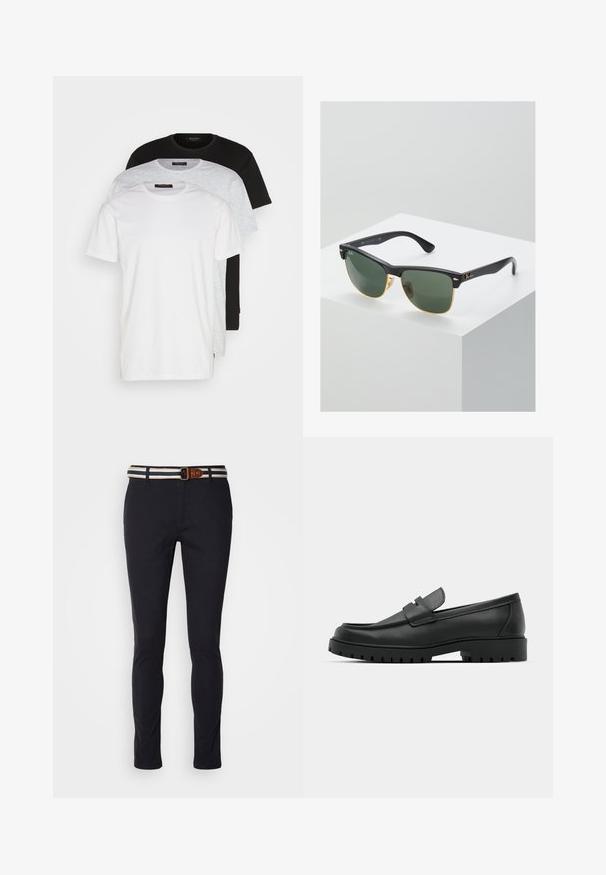 Trīs apļa kakla T-krekli balts, gaiši pelēks un melns. Izgatavoti no mīksta kokvilnas, ar īsām piedurknēm un brīvu piegriezumu.; Jūras zila kokvilnas bikses ar šauru piegriezumu, aprīkotas ar svītrainu auduma jostu ar brūnu ādas akcentu un klasisku rāvējslēdzēju.; Melnas ādas loafers ar noapaļotu purngalu, ar izšūtu dizainu, zemu platformas zoli un teksturētu, rievotu gumijas ārējo zoli.; Ray-Ban saulesbrilles ar zaļiem stikliem, melniem plastmasas rāmiem un zelta akcentiem malās. Kvadrāta forma ar matētu apdari.